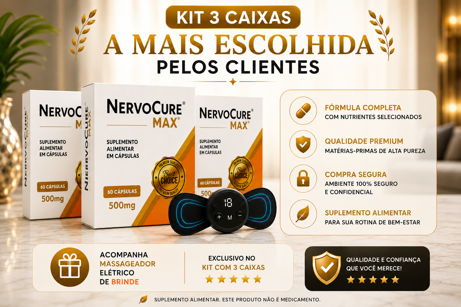 Kit com 3 caixas de NervoCure Max e massageador de brinde