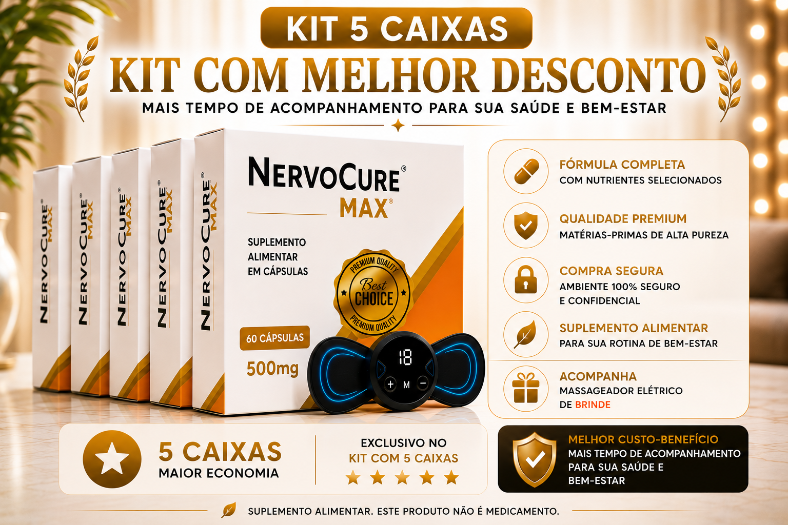 Kit com 5 caixas de NervoCure Max e massageador de brinde